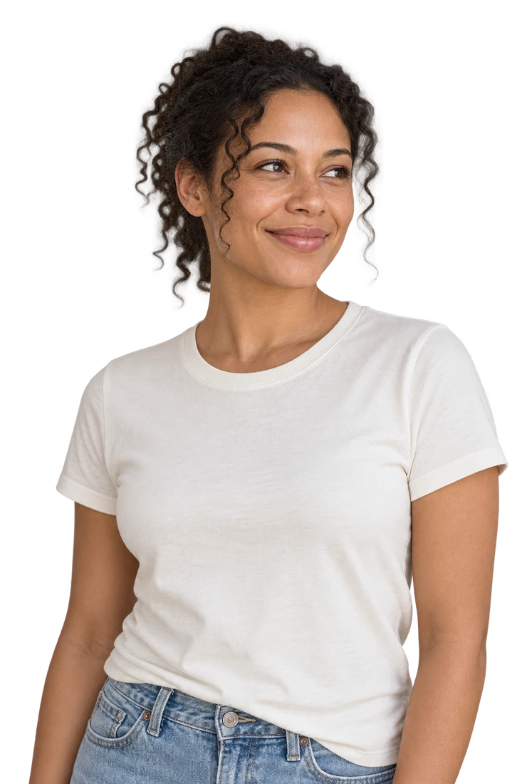 A woman with curly hair wearing a white T-shirt