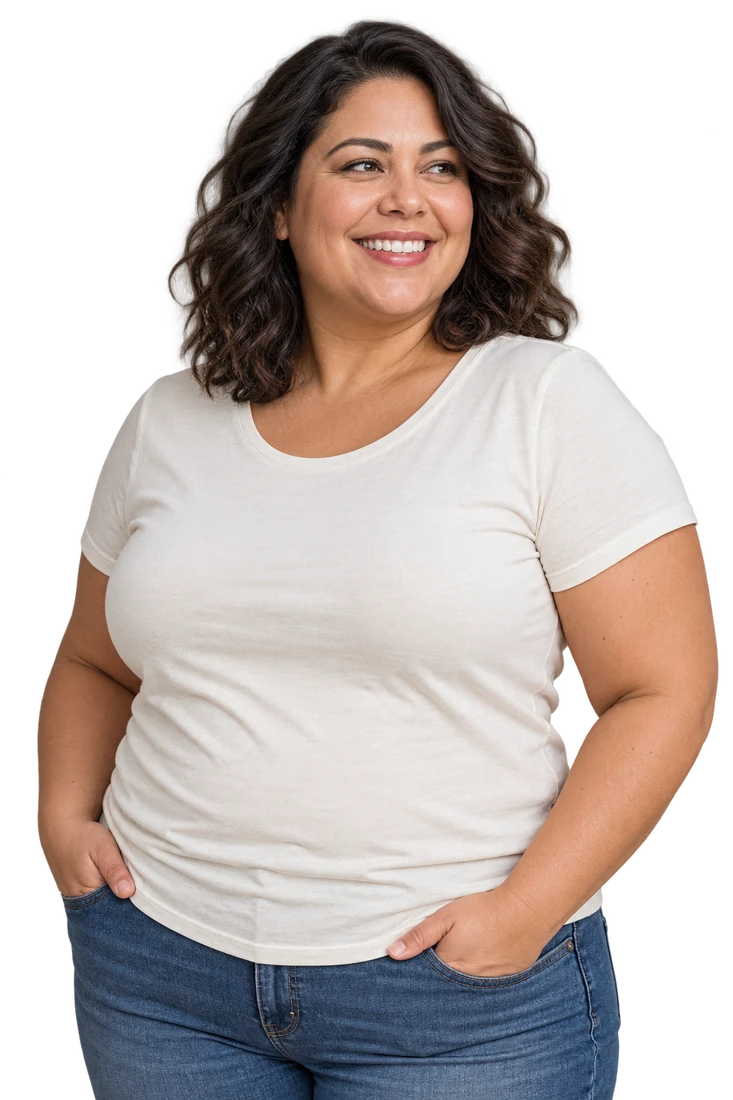 A smiling woman in a white T-shirt and jeans