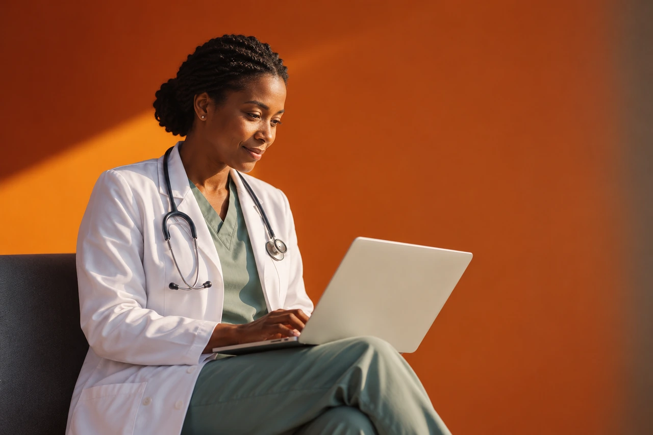 A clinician reviewing information on a laptop